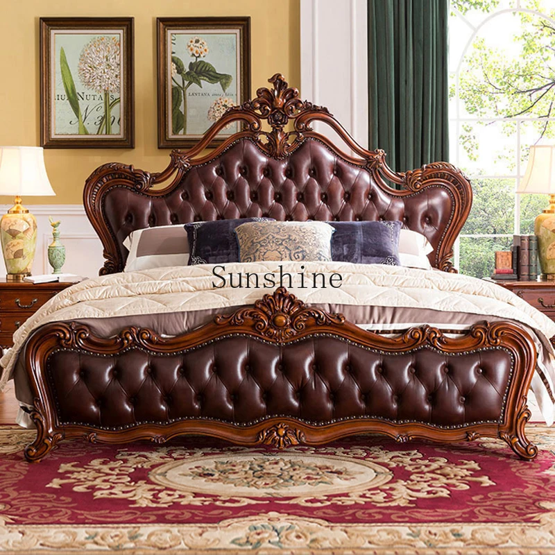 

American-style solid wood leather queen bed villa high-end luxury retro upholstered wedding bed