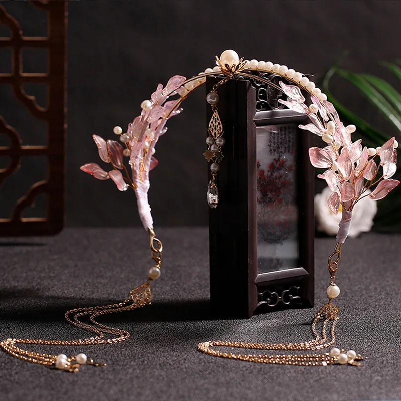 Pink Floral Hairband Chinese Hanfu Hair Accessories Long Tassel Tiaras Headband Fairy Forehead Hair Jewelry Vintage Pearl Crown