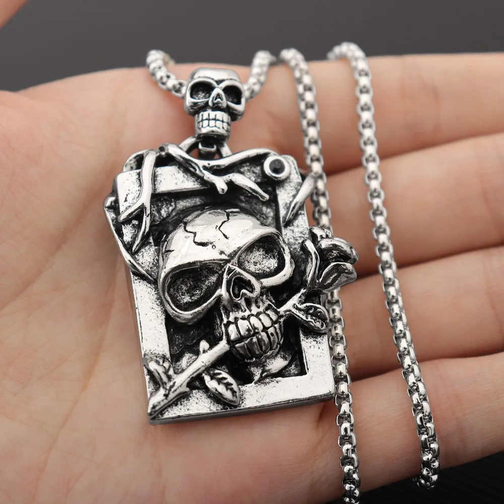 Vintage Rectangle Skeleton Rose Pendant Charm Men's Necklace Fashion Hip Hop Punk Jewelry Accessories Rock Party Gift Wholesale