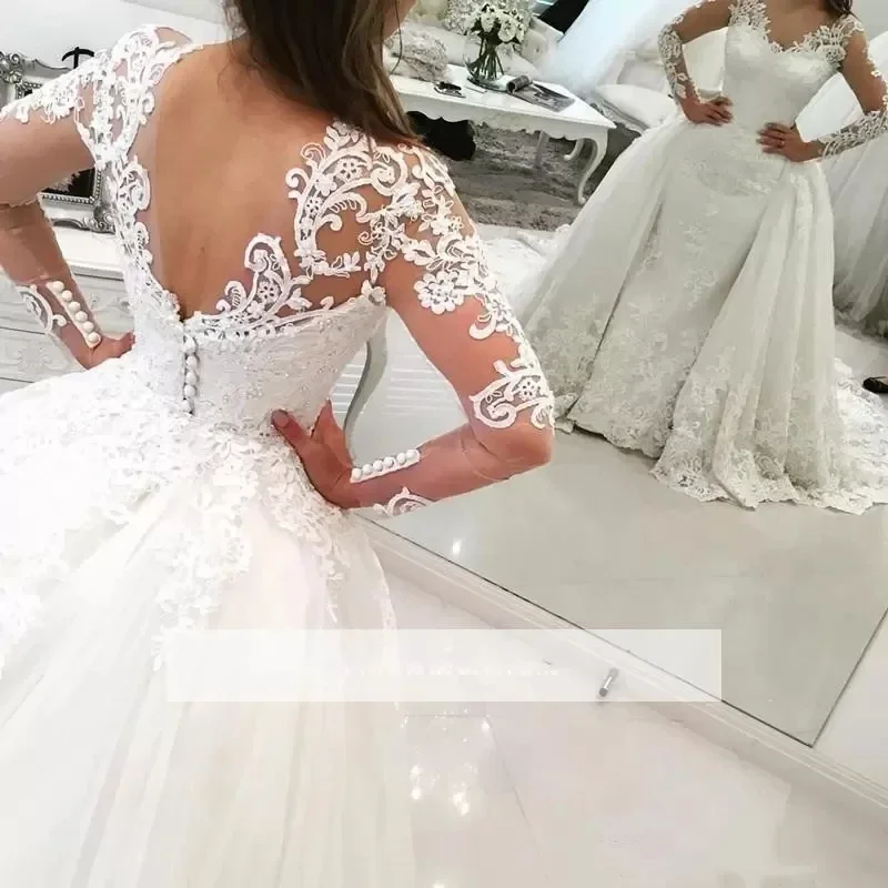 Customized Lace Wedding Dress Mermaid Overskirt Long Sleeves Bridal Gowns Appliqued Detachable Train Plus Size White Ivory Lady