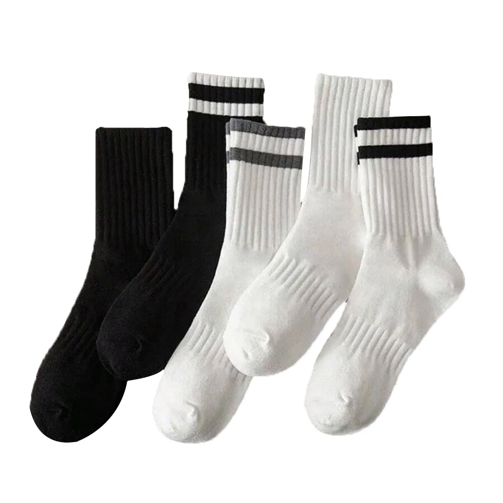 5 Pairs Black White Solid Color Mid Tube Socks Vertical Striped Suitable Both Men Women Sweat Absorbing Breathable Casual Socks