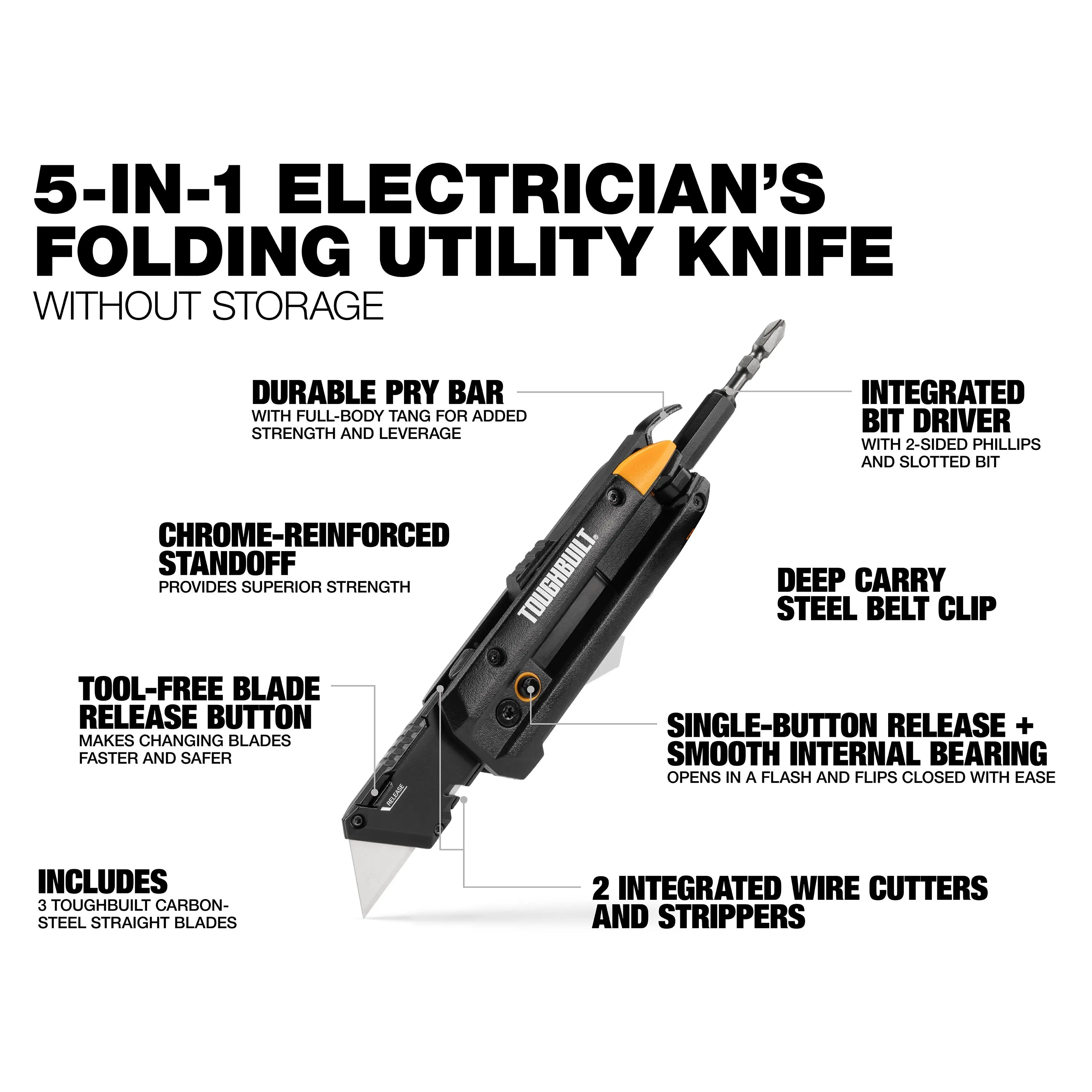 TOUGHBUILT TB-H4-12-IM Elektricien Opvouwbaar Utility Mes Met Bit Driver Pry Bar Handgereedschap