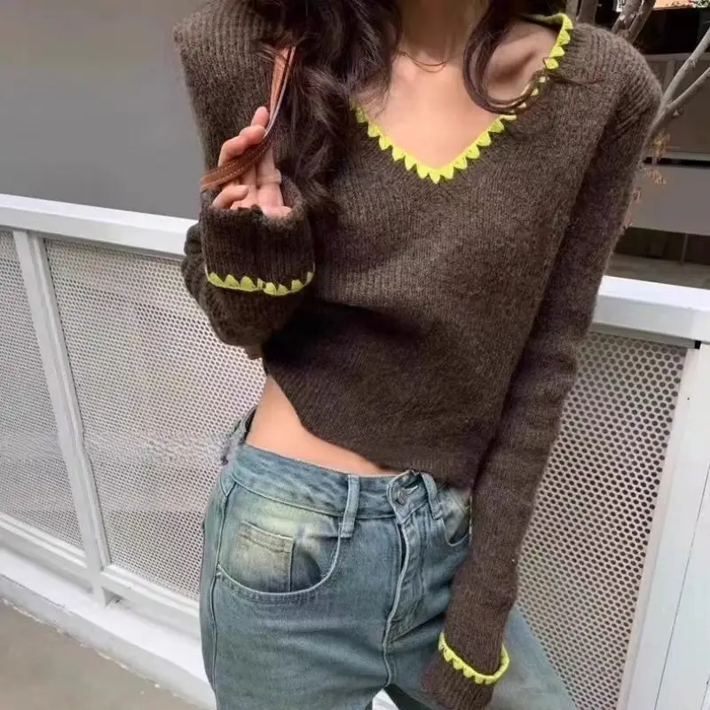 Autumn Retro V-neck High Quality Knitted Sweater Original Design Fashion Casual Comfortable Solid Color Slim Popular Women\'s Top