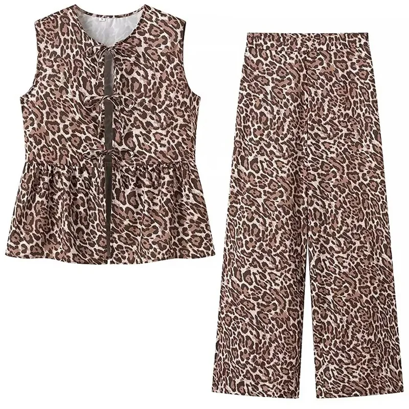 HXAO Leopard Print Bow Vest Women Tank Tops Summer 2024 Female Hollow Out O-Neck Sleeveless Lace-Up Top Fashion Street Vests