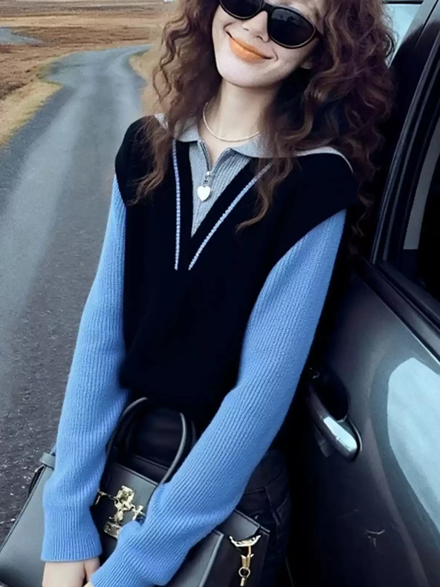 Comodo maglione lavorato a maglia Camere Long Sve Splicing Design Faion Commute Sle da donna Winter Design Sense Fake Two-P...