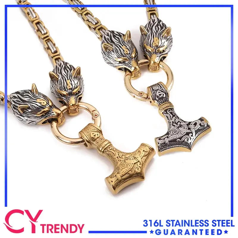 

6mm Viking Wolf Head Thor's Hammer Pendant Stainless Steel Byzantine Necklaces Chain