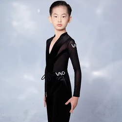 Mesh Latin Dance Shirt chłopcy sala balowa praktyka nosić Tango odzież kostium sceniczny nowoczesny taniec strój Salsa Dancewear DL9691