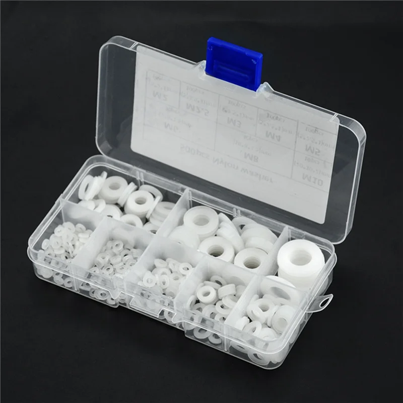 500 buah Set Gasket Washer datar nilon putih M2 M2 M2, 5 Fastener M6 M8 M10 segel plastik cincin O berbagai Kit pengencang