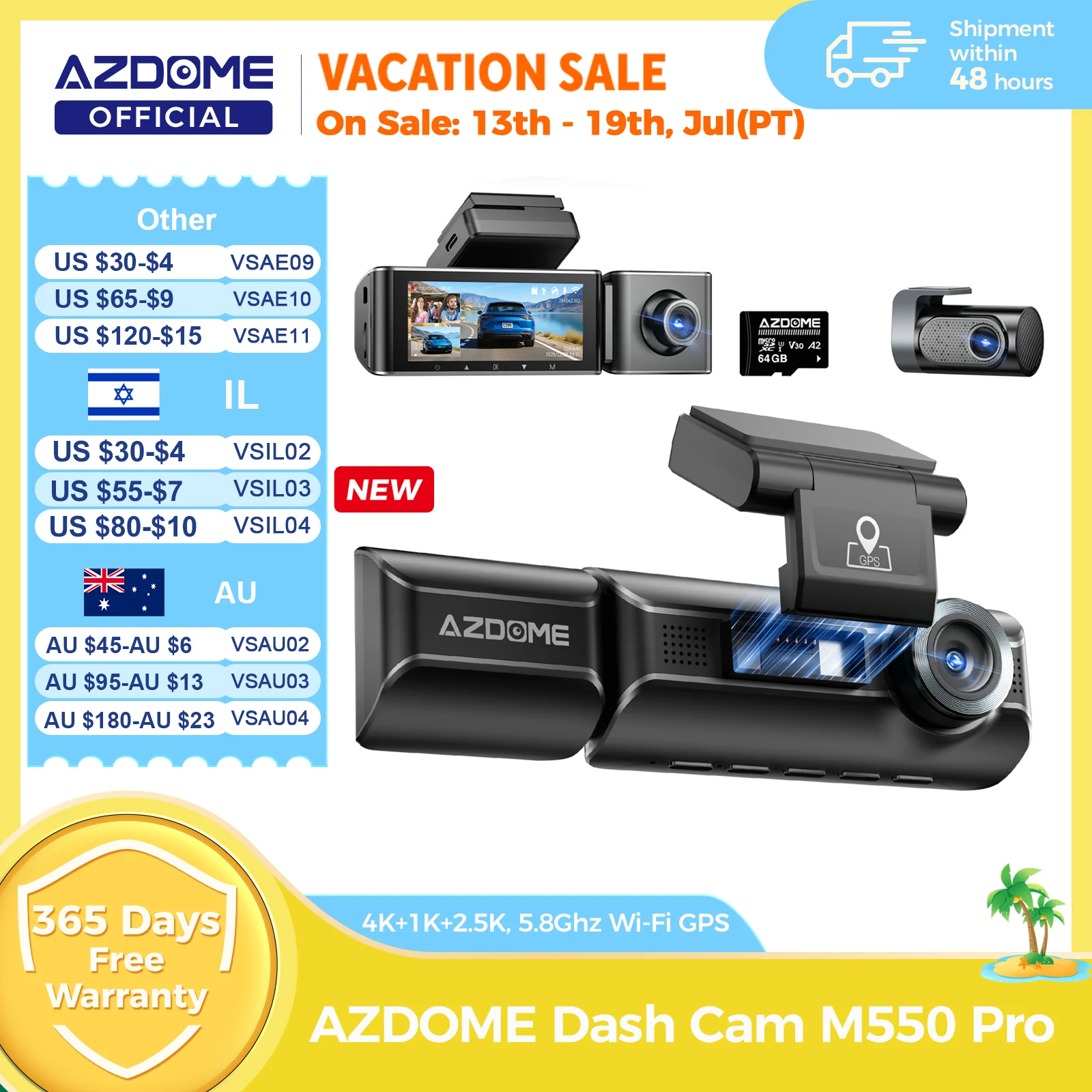 Nowa kamera samochodowa AZDOME 4K M550 Pro z nagrywaniem z przodu, z tyłu i wewnątrz, 3 w 1, monitoring…