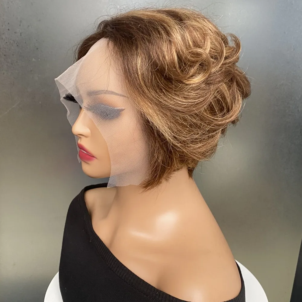 짧은 인모 픽시컷 가발, 보브 가발, 앞머리가 제거된 T자형 레이스 가발, 밀도 150%