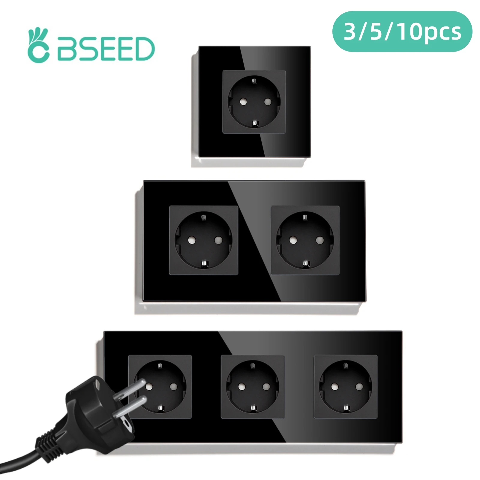 BSEED 16A Wandsteckdose, Einzel-, Doppel- und Dreifach-Steckdose nach EU-Standard für Zuhause, Büro, Schlafzimmer, elektrische Steckdose, schwarzer Glasrahmen