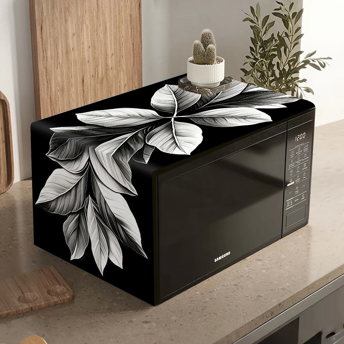 Black Leaves Oven Dust Cover Retro Polyester Microwave Dust Cover Machine Protector for Home Kitchen Appliance Decorations