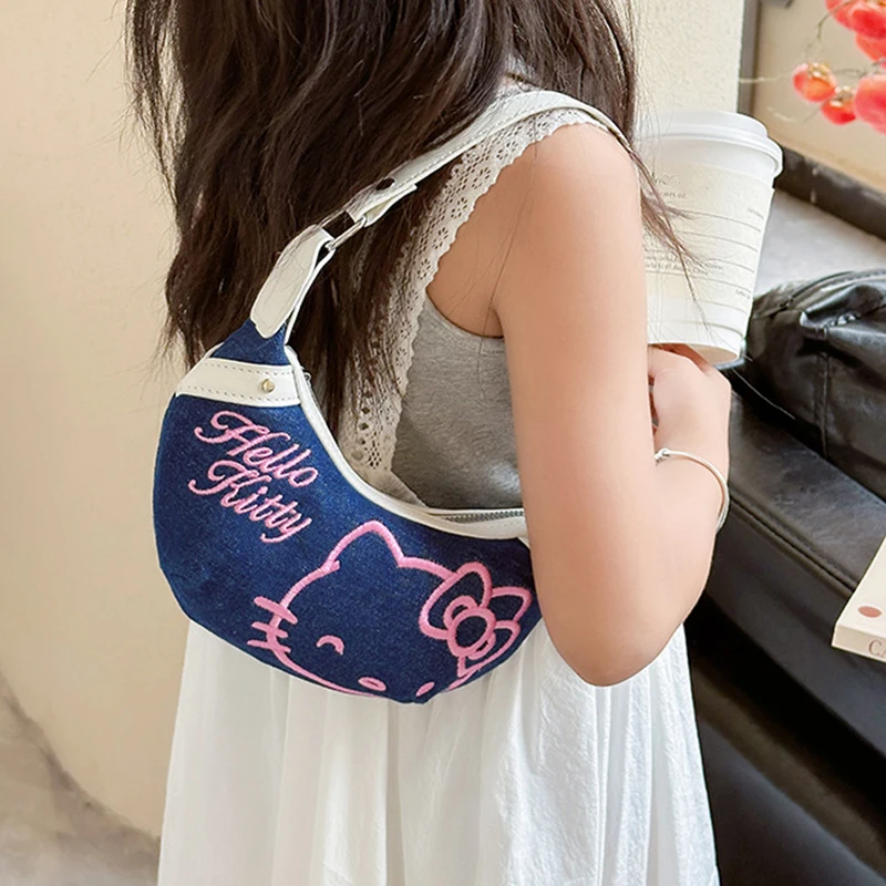 Sanrio Anime Hello Kitty Denim Dumpling Bag Large Capacity Girls Crossbody Bag Cartoon Coin Purse Shoulder Two Dimensions Bag