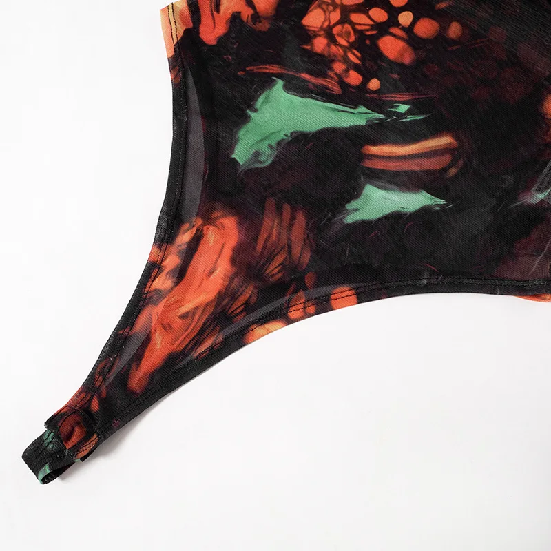 Body Sexy Tie Dye, lencería, corsé de manga larga, Top para mujer, traje Rave de una pieza, lencería ceñida femenina, corpiño transparente