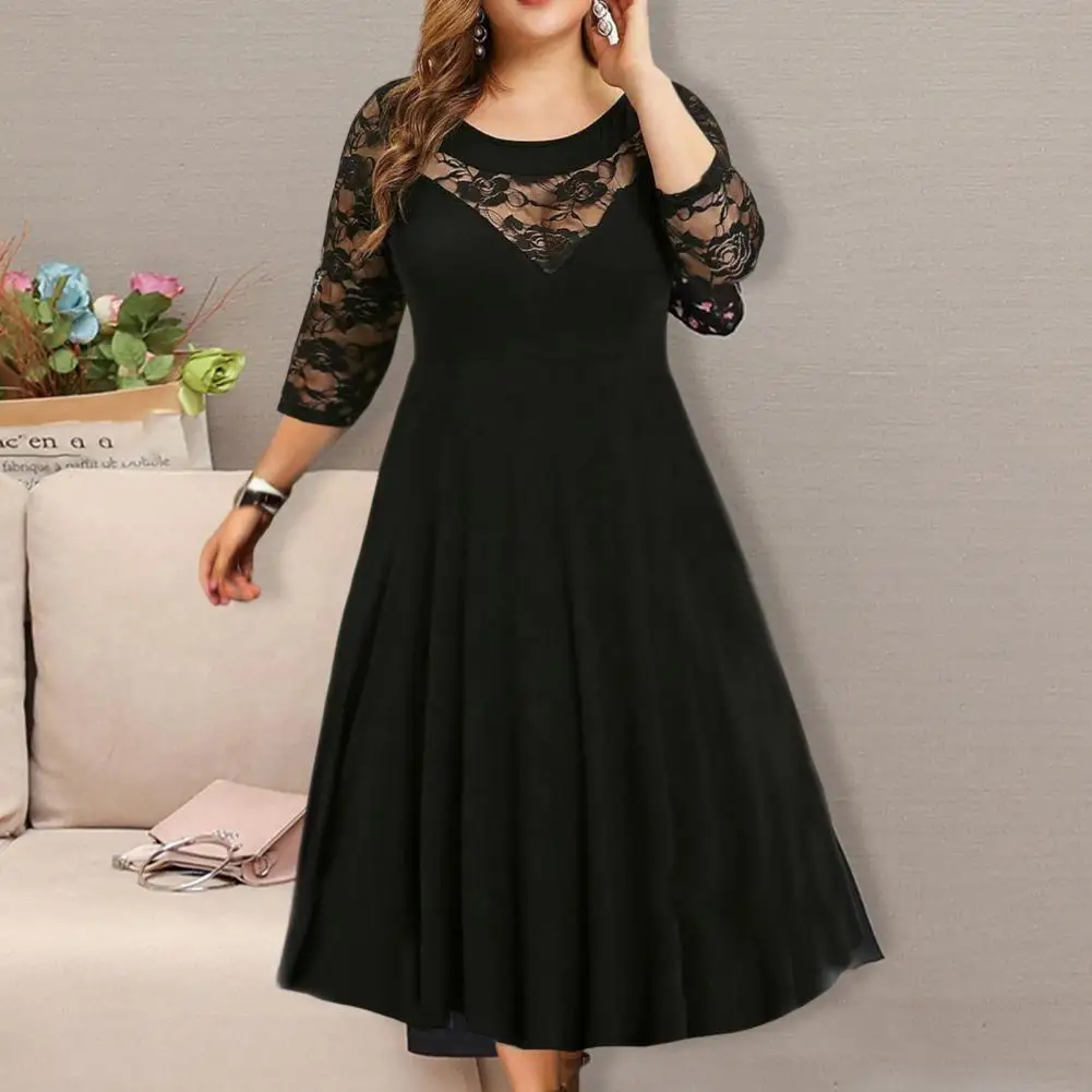 Beautiful Oversized Dress  A-Line High-Waist Women Dress  Plus Size Lace Stitching 3/4 Sleeve Evening Dress