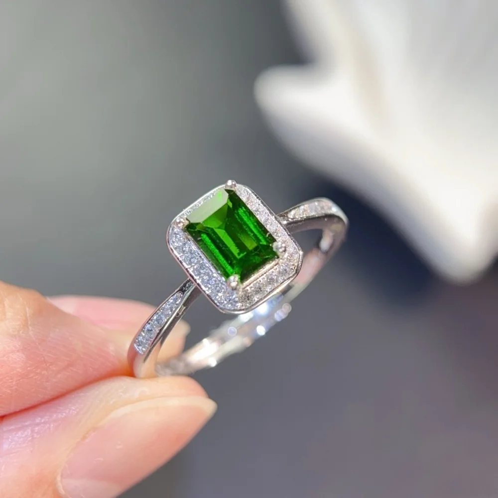 S925 5×7mm Sterling Silver Natural Diopside Cube Gemstone Ring for Women Fashion Healing Jewelry Stylish Accessory Sweet Gift