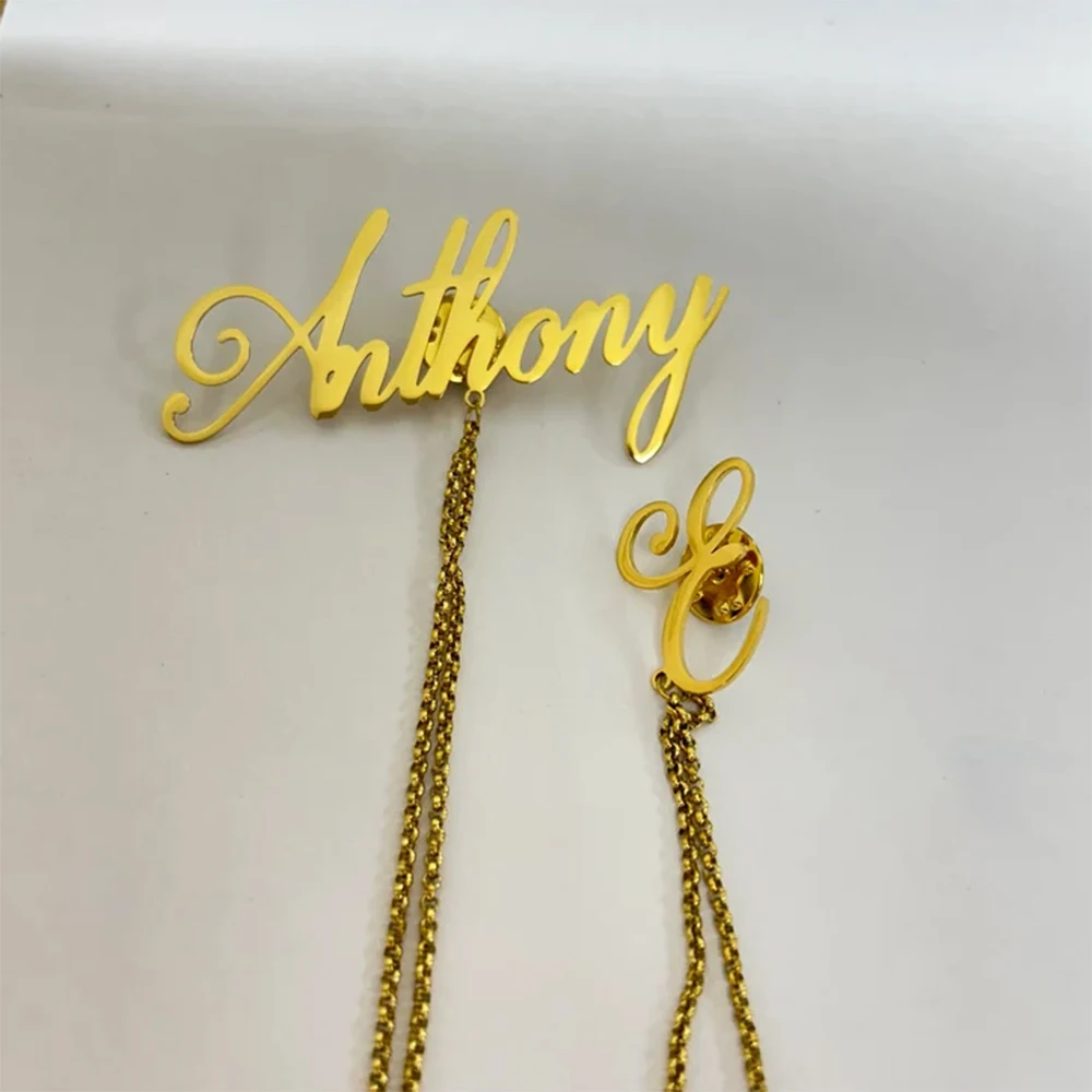 Custom Name Brooches for Women Luxury Personalized Badge Cross Chain Stainless Steel Brooch Jewelry Evening Party Wedding Gifts