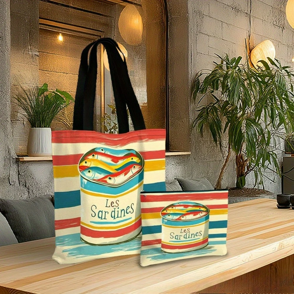 Sardines Art Tote Bag Beach Bag with Makeup Bag Aesthetic Durable Shopping Bag Shoulder Bag Travel and Daily Use