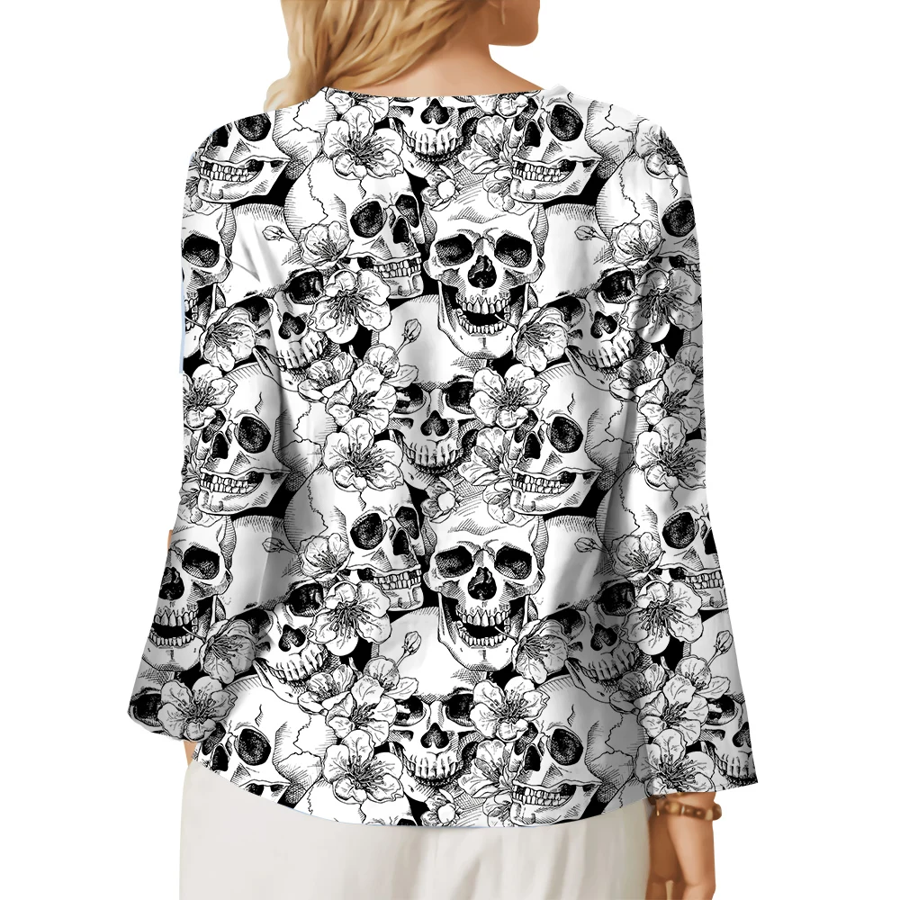 CLOOCL Women T-shirt Hawii Grey and White Skull Graphics 3D Printed Tee Button Decorate Crew Neck Long Sleeve Casual Tops