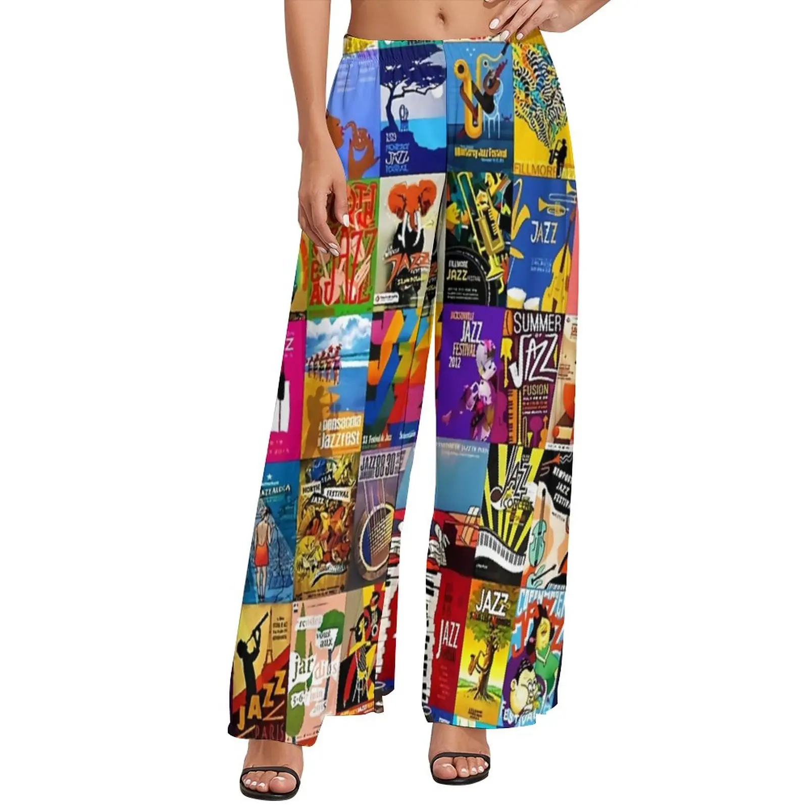 Collage of Jazz Festivals Pants Womens Music Band Print Street Style Trousers High Waisted Modern Wide Leg Pants Gift