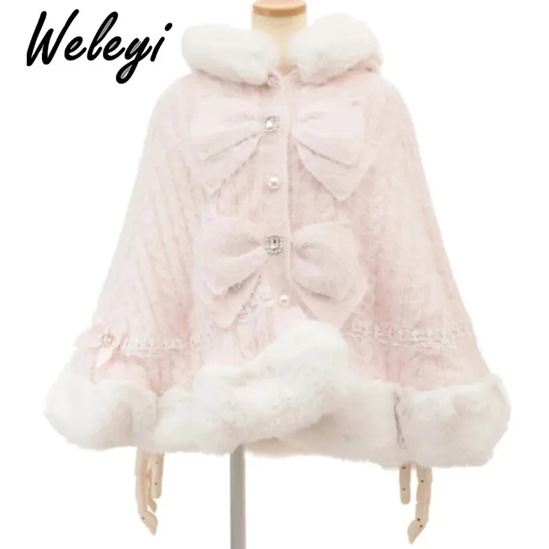 Cute Japanese Jirai Kei Cape Plush Coat 2024 Spring and Autumn Princess Sweet Women's Imitation Rabbit Fur Long Sleee Furry Coat