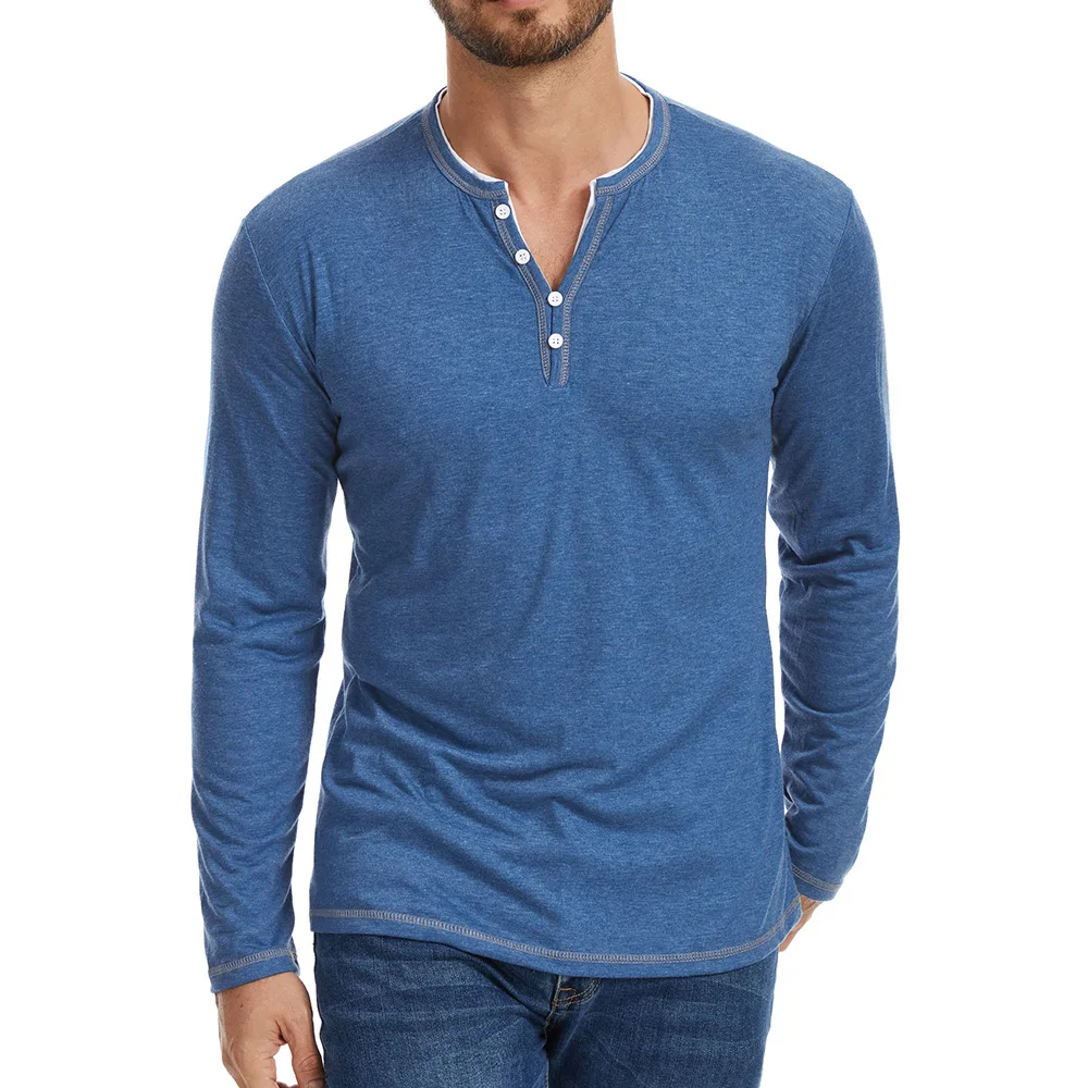 Männer Baumwolle T-shirt Einfarbig Atmungsaktive Weiche V-ausschnitt Casul Langarm Button Up Männlich Casual Grundlegende Stil Tees Frühling Herbst