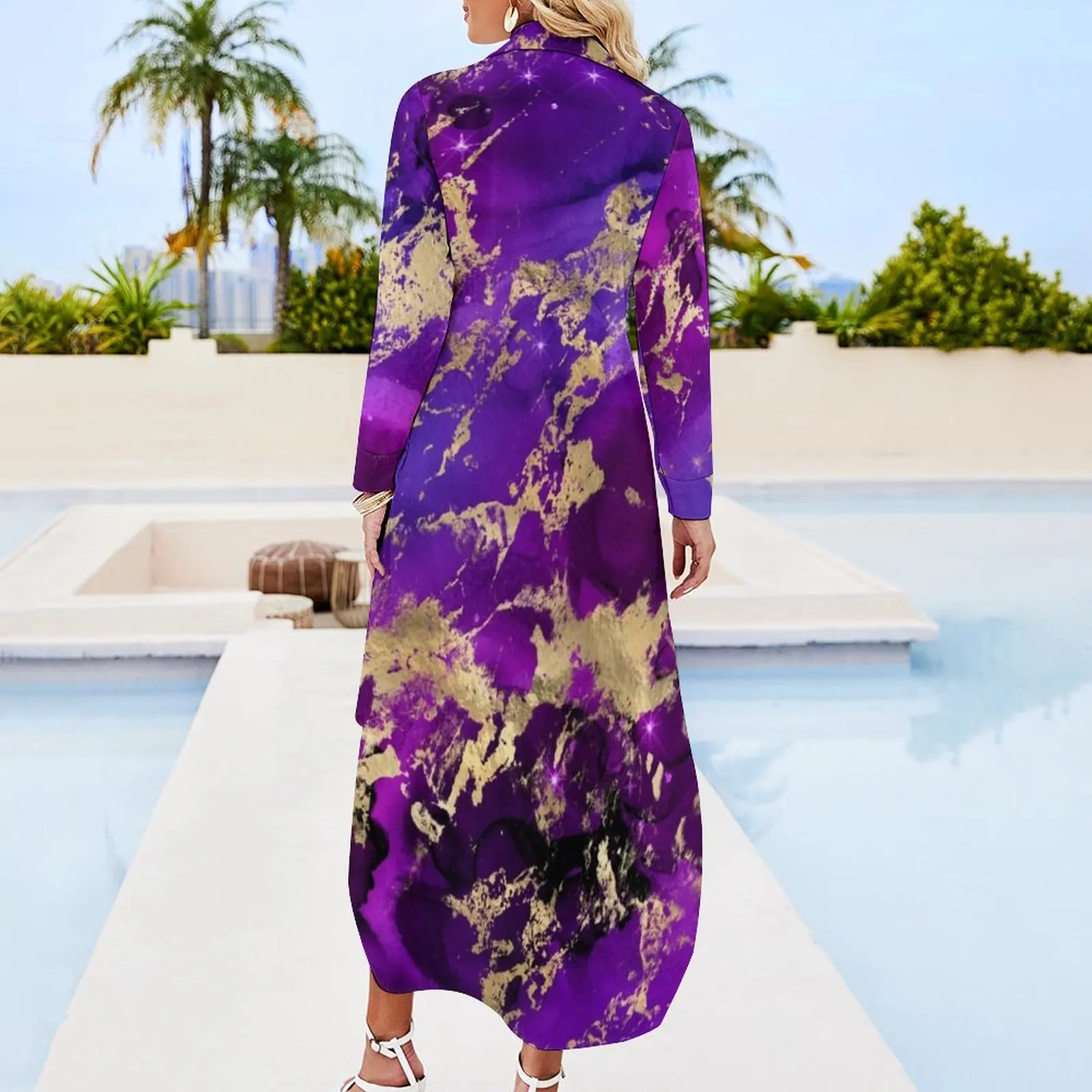 Marble Galaxy in Royal Purple and Gold Splash Long Sleeved Shirt Dress long dress women Women's skirt