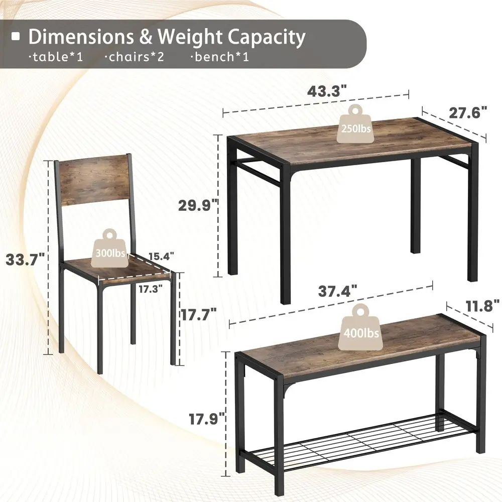 

43.3 Dining Table Set for 4, Kitchen Table with Bench amp 2 Chairs Modern Rectangular Metal Frame Dining Furniture Set for Smal