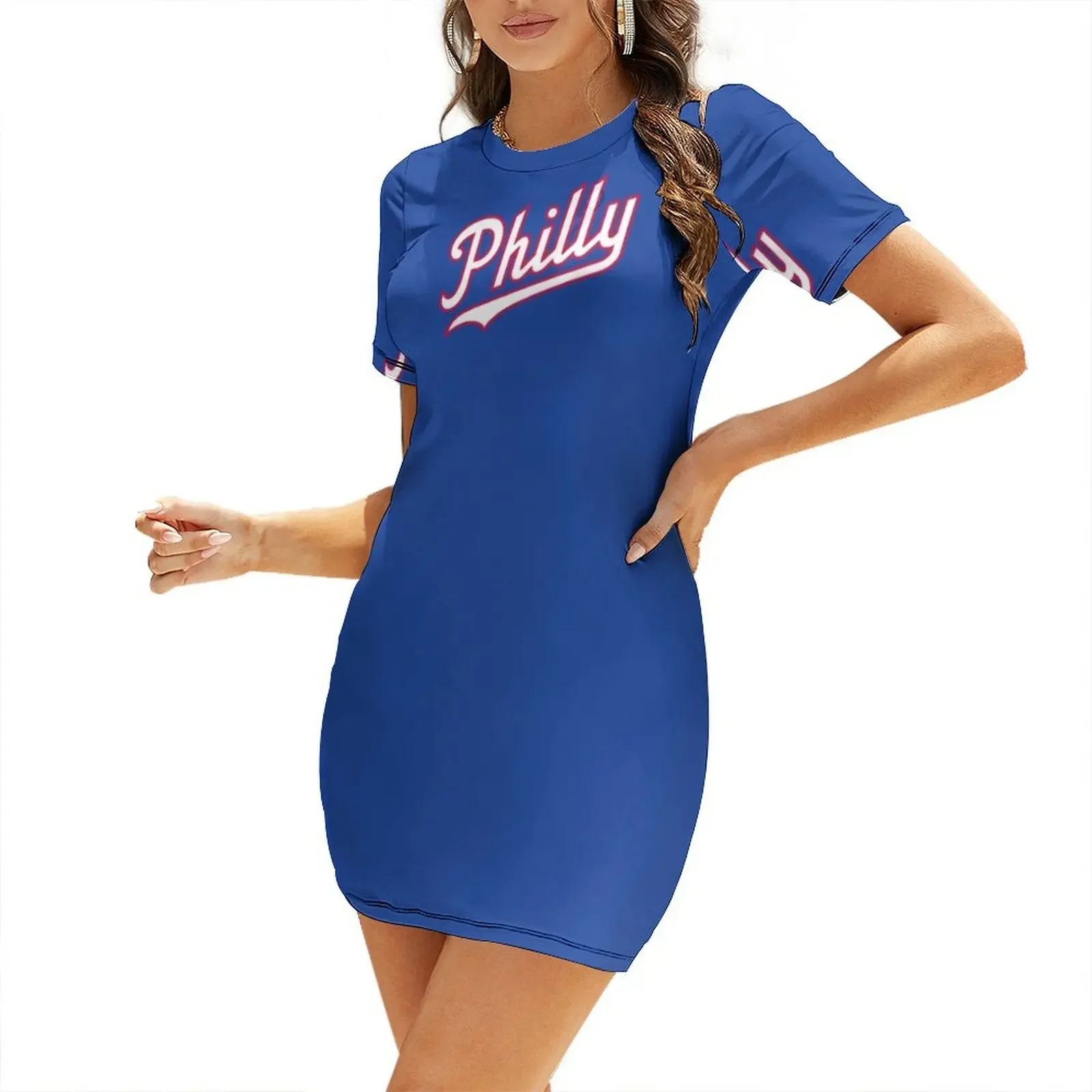 

Philly Script - Blue/White/Red Short-Sleeved Dress elegant women's sets summer women's suit Women's summer long dress Dress