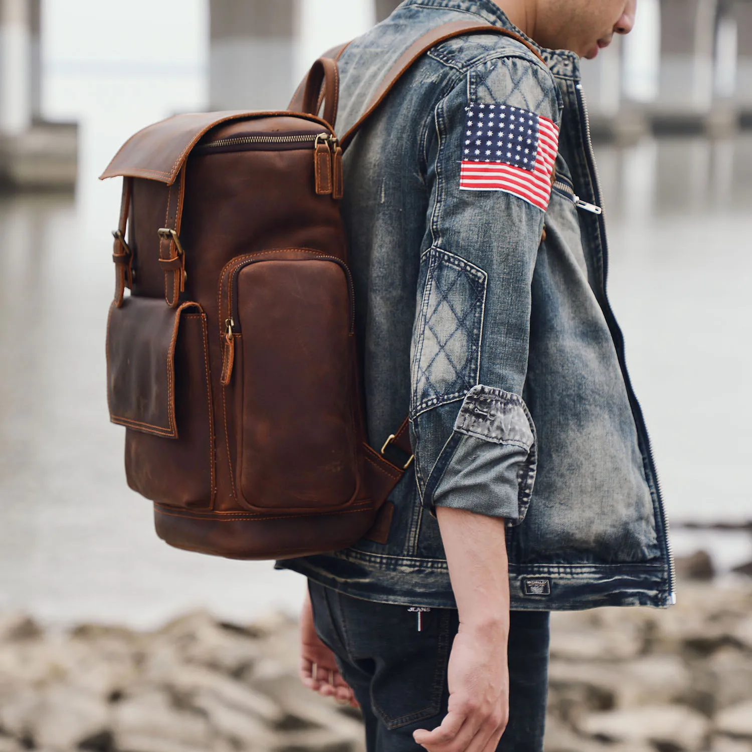 S.WORKER Vintage Echtleder-Rucksack Laptop-Tasche Casual Crazy-Horse-Leder Schultasche Outdoor-Reise-Weekender-Tasche – Detail 6