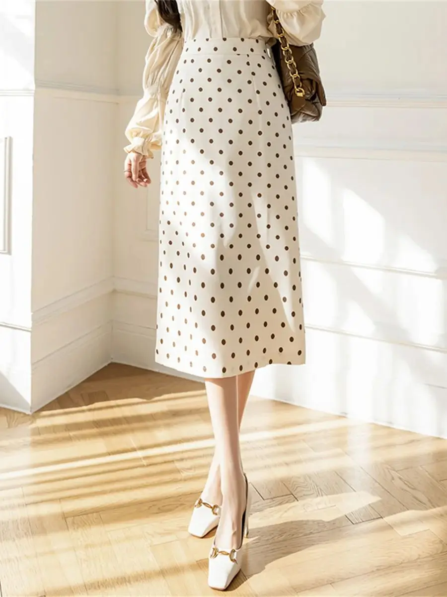 

2025 Autumn New Polka Dot Print Long Skirt For Women Elegant Lady High Waist Bodycon Split Bodycon Skirts