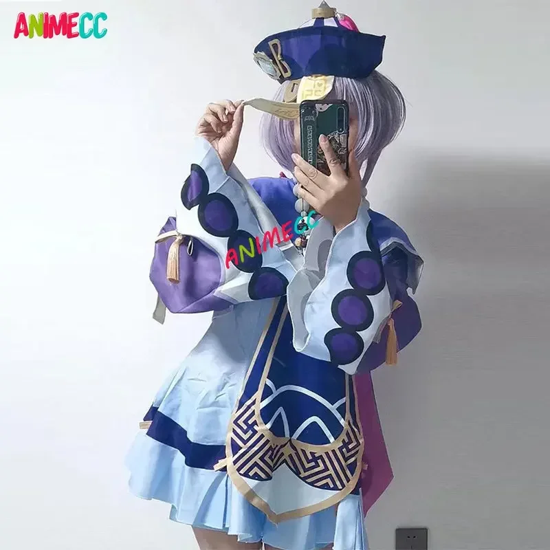 ANIMECC-Qiqi Genshin Impact Cosplay Traje para Mulheres e Meninas, Peruca e Chapéu, Jogo Anime, Halloween e Festa de Natal, em Estoque, S-XL