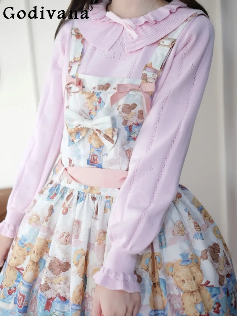 

Оригинальный свитер Лолиты в японском стиле, ажурный внутренний слой, вязаный свитер с рюшами по краям, универсальный мягкий осенний базовый топ для девочек