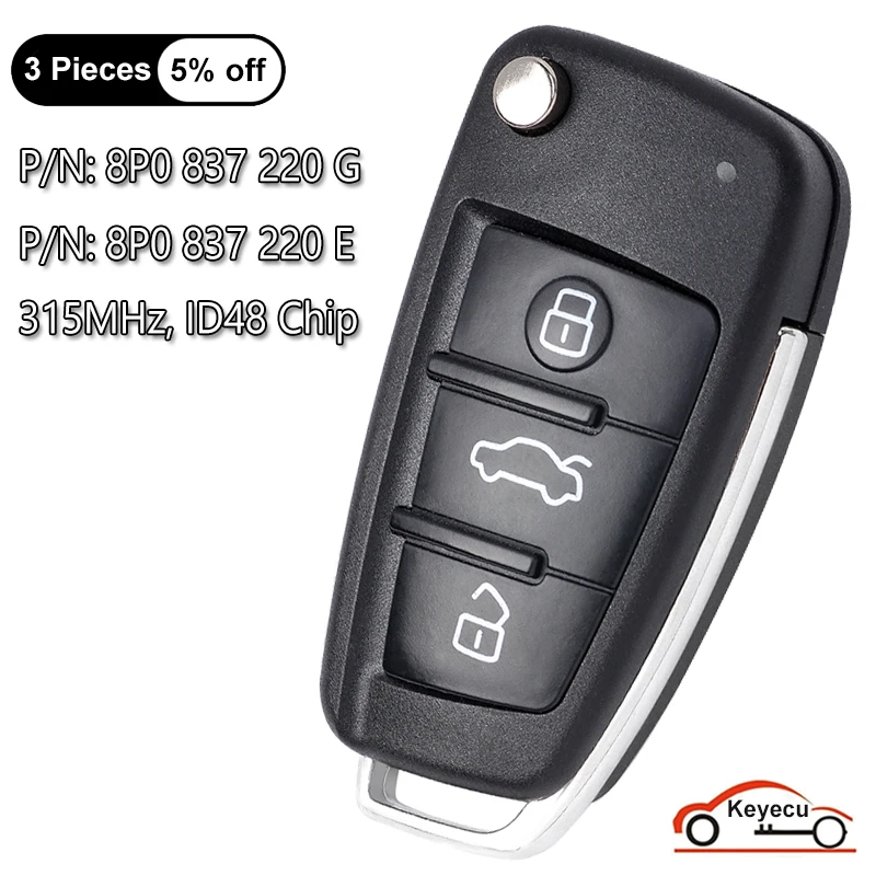 KEYECU 3 Buttons 315MHz ID48 Chip for Audi A3 TT 2006 2007 2008 2009 2010 Upgraded Flip Remote Car Key Fob 8P0 837 220 E / G