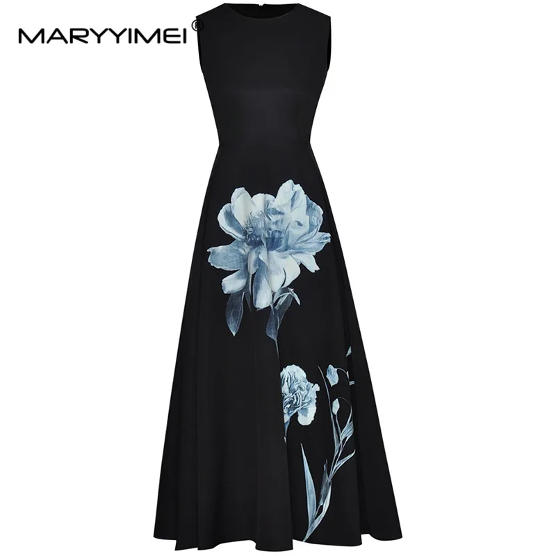 MARYYIMEI Designer Runway Summer Dress Women O-neck Fashion Sleeveless High waist Floral print Black Elegant Midi Dress