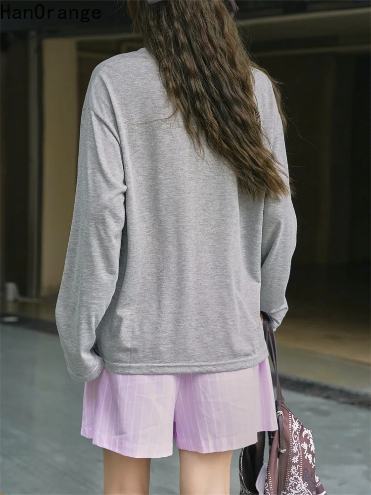 HanOrange 2025 ฤดูร้อนแฟชั่นผ่อนคลายพิมพ์แขนยาวครีมกันแดดเสื้อยืดผู้หญิงน้ําหนักเบาBreathable Top Teesสีขาว/สีเทา