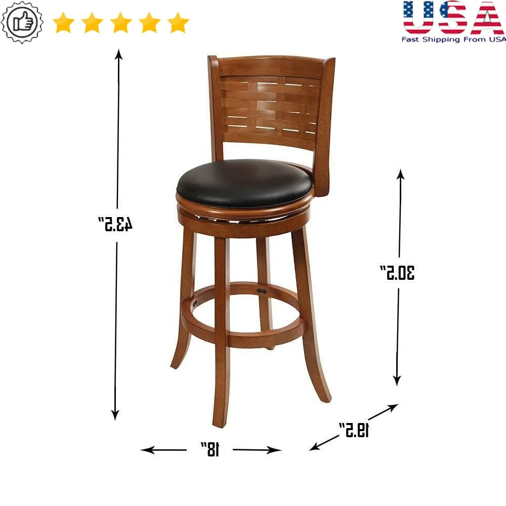 

29 Inch Swivel Bar Stool Solid Hardwood Faux Leather Comfortable Backrest Flared Legs Footrest Kitchen Dining Home Bar
