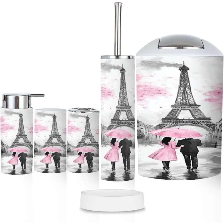 

atroom Accory t 6 шт. Oil Paris European City Landse France Tower lack White Pink Ern Tootrus older Soap Dispenr Tootrus Cup Tra