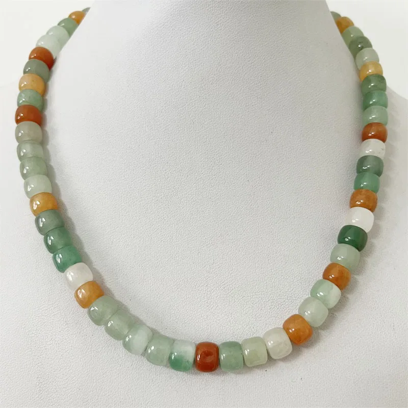 Rare Multi Color 6*8MM Natural Jade Stone Necklace Vintage Jewelry Noble Elegant Exquisite Beaded Chain Choker Collier