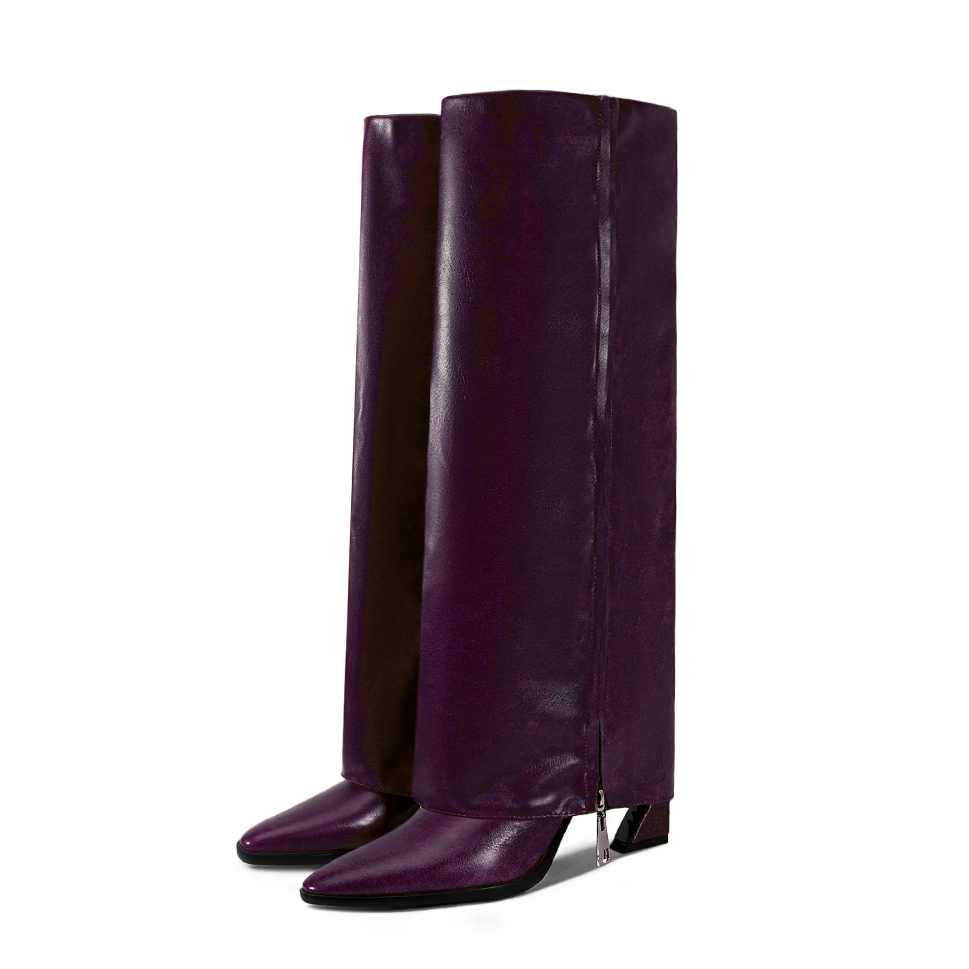 PU Leather Pointed Toe Knee-High Women Boots Strange Style High Heels Side Zipper Design Large Size Fashion Lady Shoes