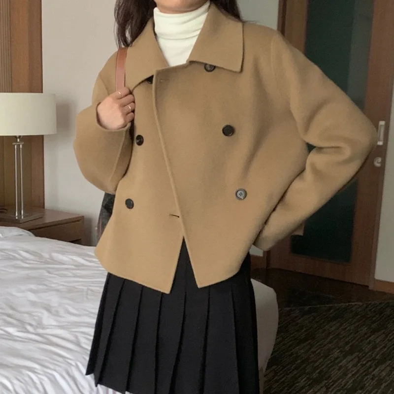 

Women's Chic Winter Woolen Jaet Loose Double-breasted Retro Sle Casual ort Coat Long Sve Commute Faion