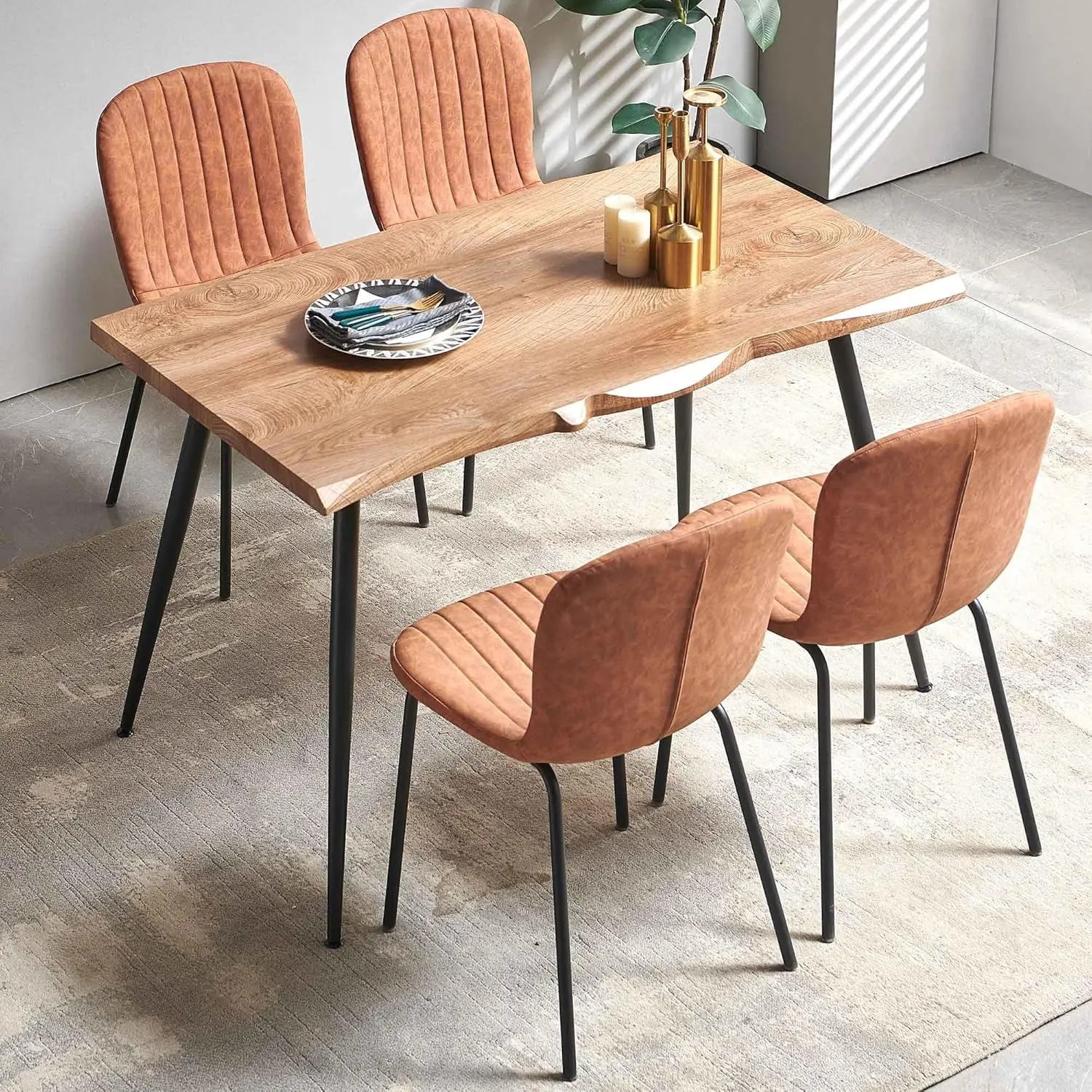 Kitchen Table And Chairs Set-5 Pcs Dining Room Table Set For 4 Person, Engineered Wood Table With Irregular Tabletop, 4