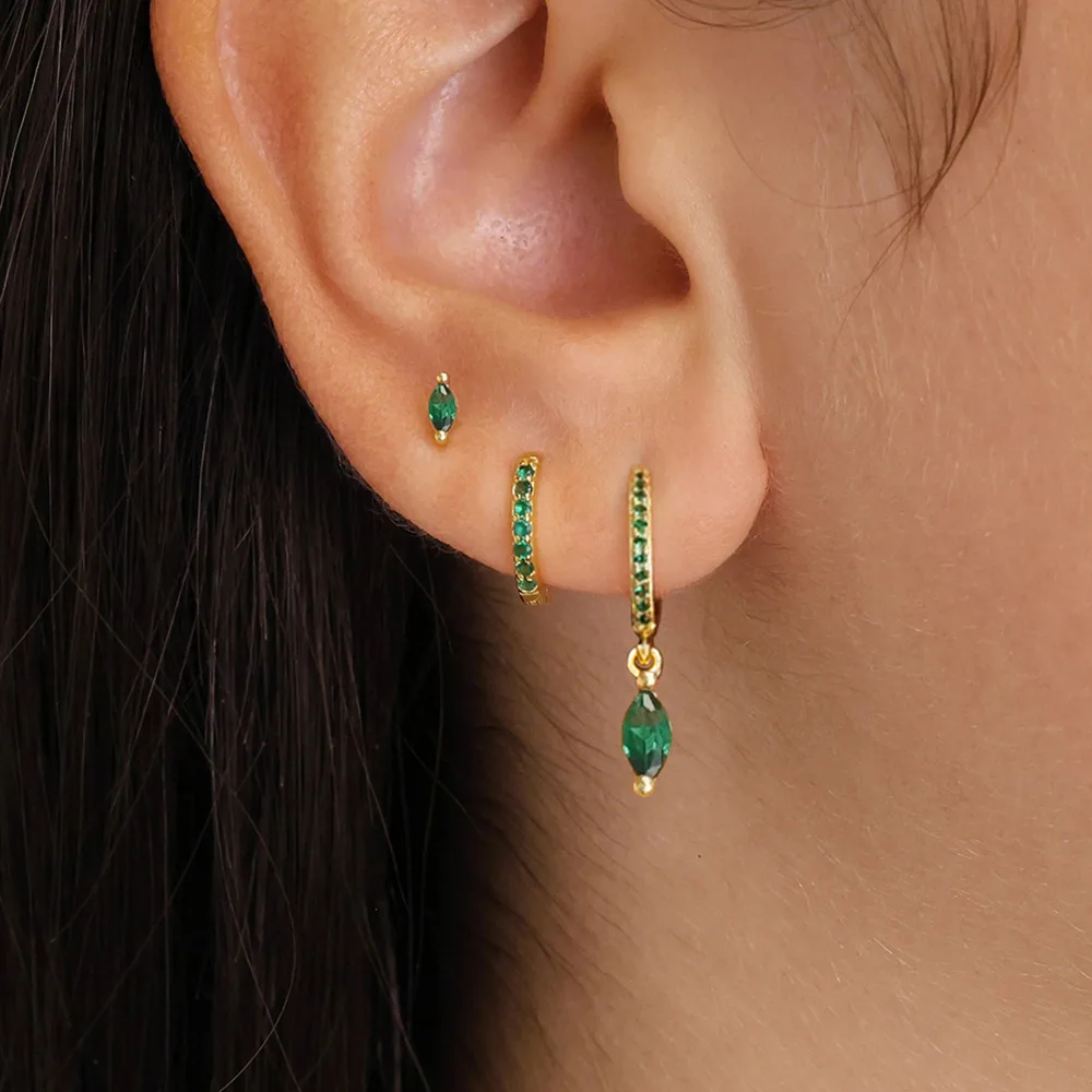 Brass plated genuine gold cross-border color diamond studded horse eye earrings, round inlaid zircon earrings, three piece set o