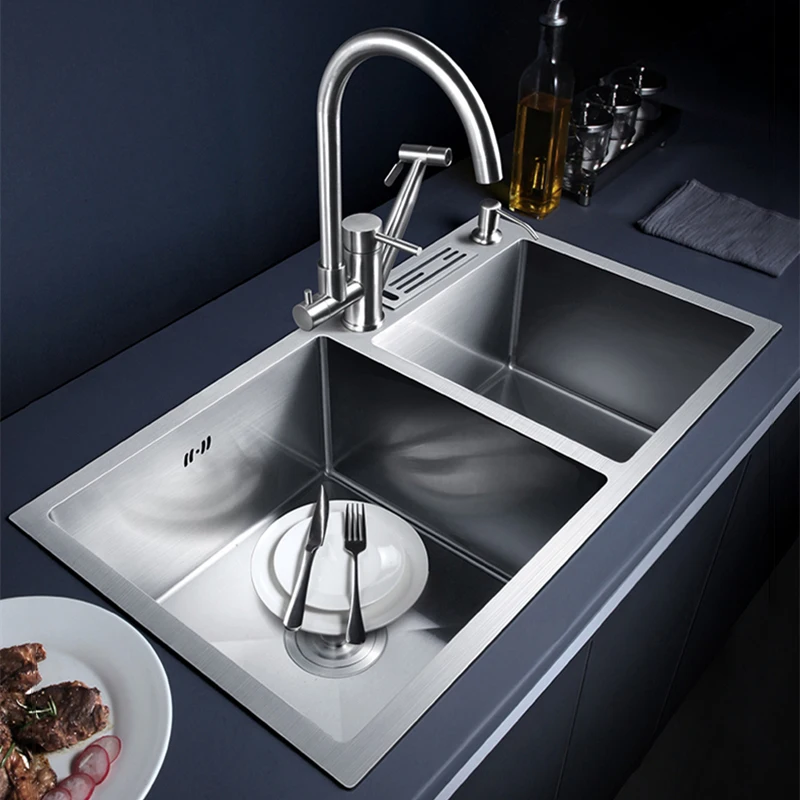 Kitchen Sink Double Bowl Home Washing Basin Knife Holder Pullout Hot cold Water Tap Faucet 304 Stainless Steel Kitchen Sinks