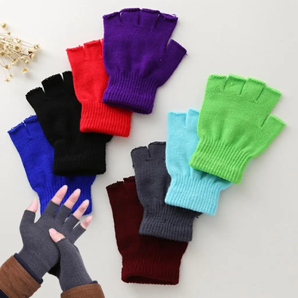 

Winter Unisex Thickened Half Finger Gloves Solid Color Elastic Knit Mittens Outdoor Hiking Work Warm Coldproof Fingerless Gloves