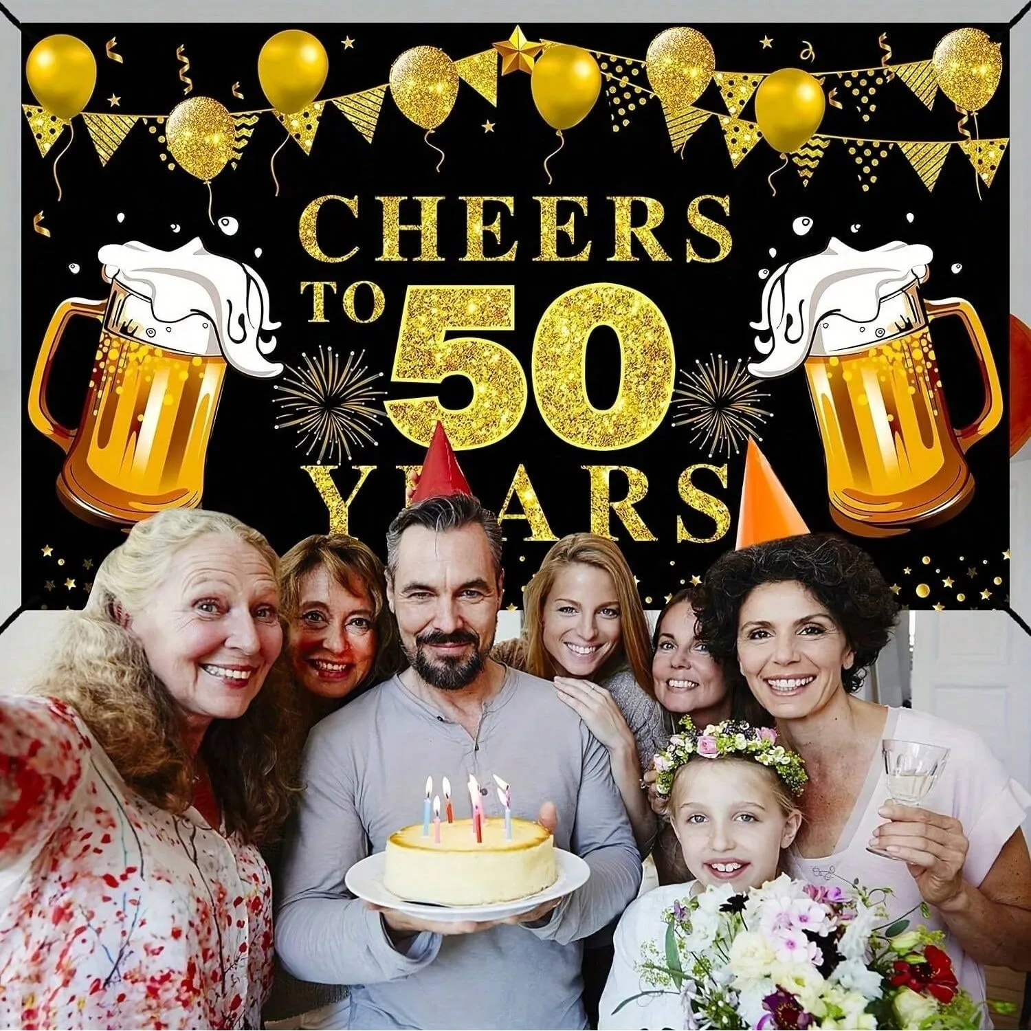 Schwarz-goldenes Banner mit Bier-Motiv als Fotohintergrund, Dekoration für die 50. Geburtstagsfeier für Erwachsene, Fotostudio-Hintergrund – Detail 6