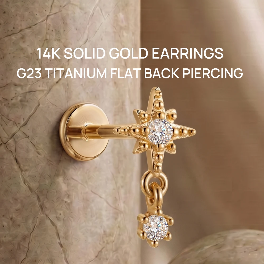 AIDE 14K Solid Gold Octagonal Star Zircon Pendant Women's G23 Titanium Flat Back Piercing Ear Bone Nail Wedding Bridal Jewelry