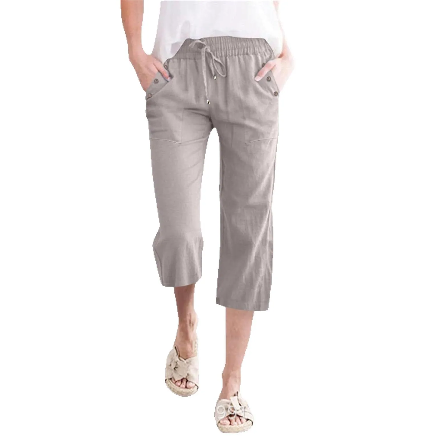 Pj Woman Pants Pajama Drawstring Waist Cotton Trousers Straight Leg Mid Waist Linen Pants Loose Fit Cropped Pants Capri Knee