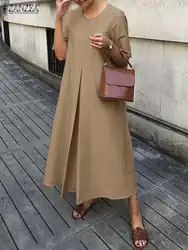 ZANZEA Women O-neck Pleats Sundress 2023 Summer Solid Color Maxi Dress Fashion Short Sleeve A-line Robe Oversized Holiday Dress