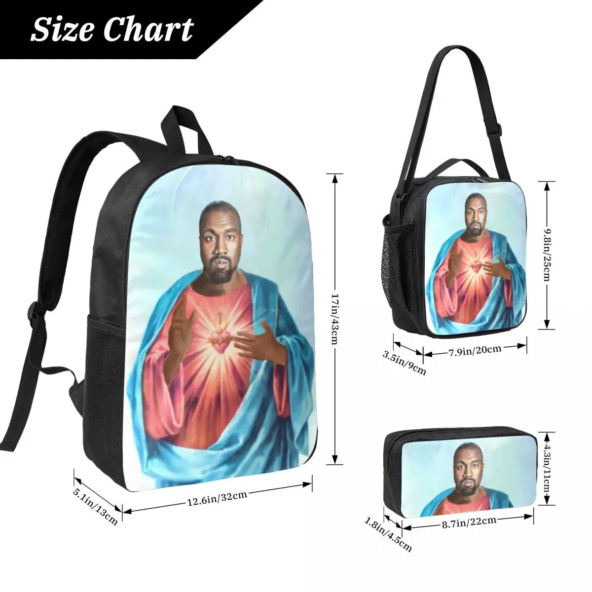 3Pcs K-kanyes W-wests Funny Backpack Set for Boy Girl Pen Bags Bookbag Sets with Lunch Box For School Students Daypack